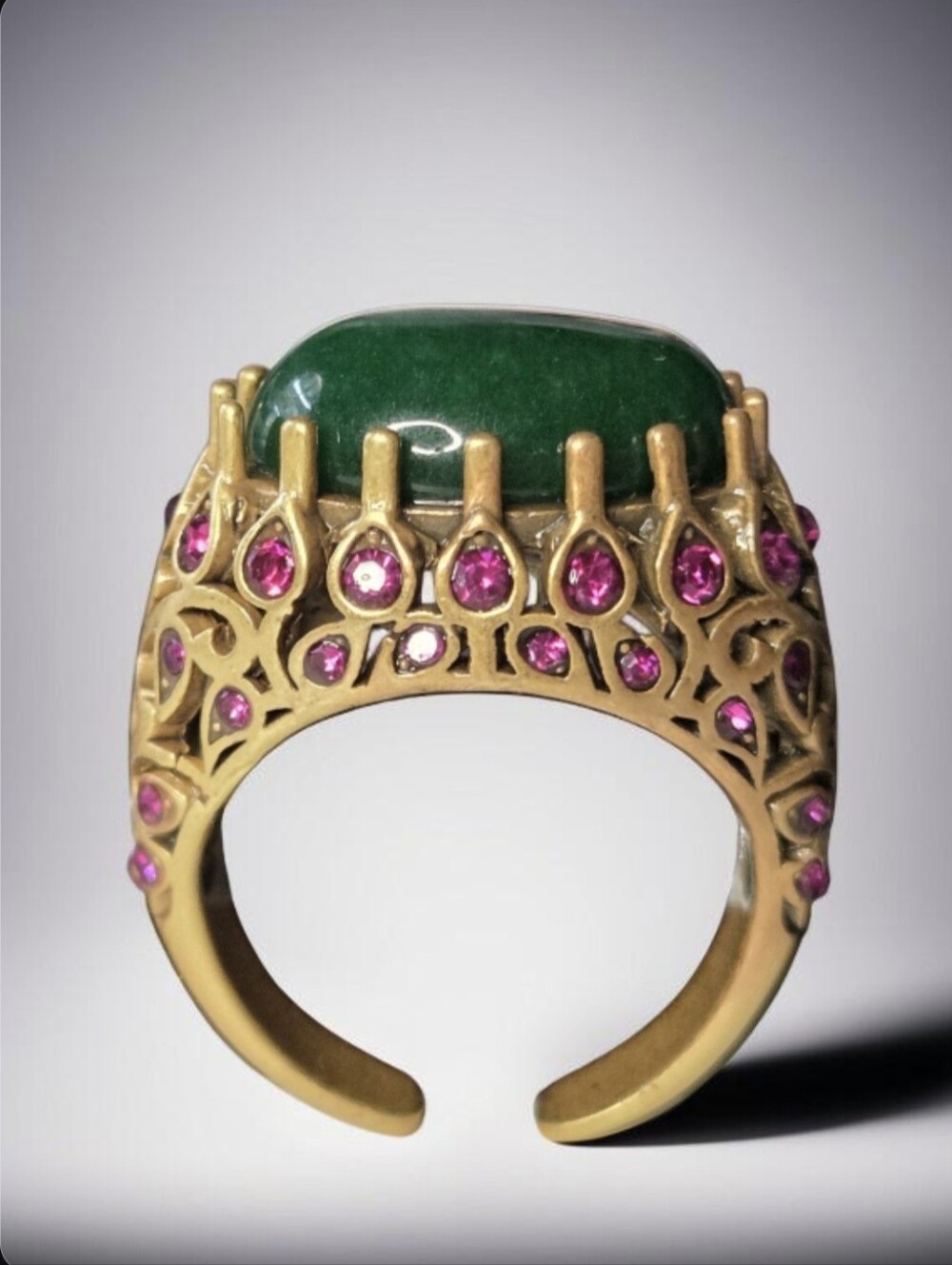 Huge Matte Gold Plated Green Onyx Pink Crystal Domed Oval Statement Ring